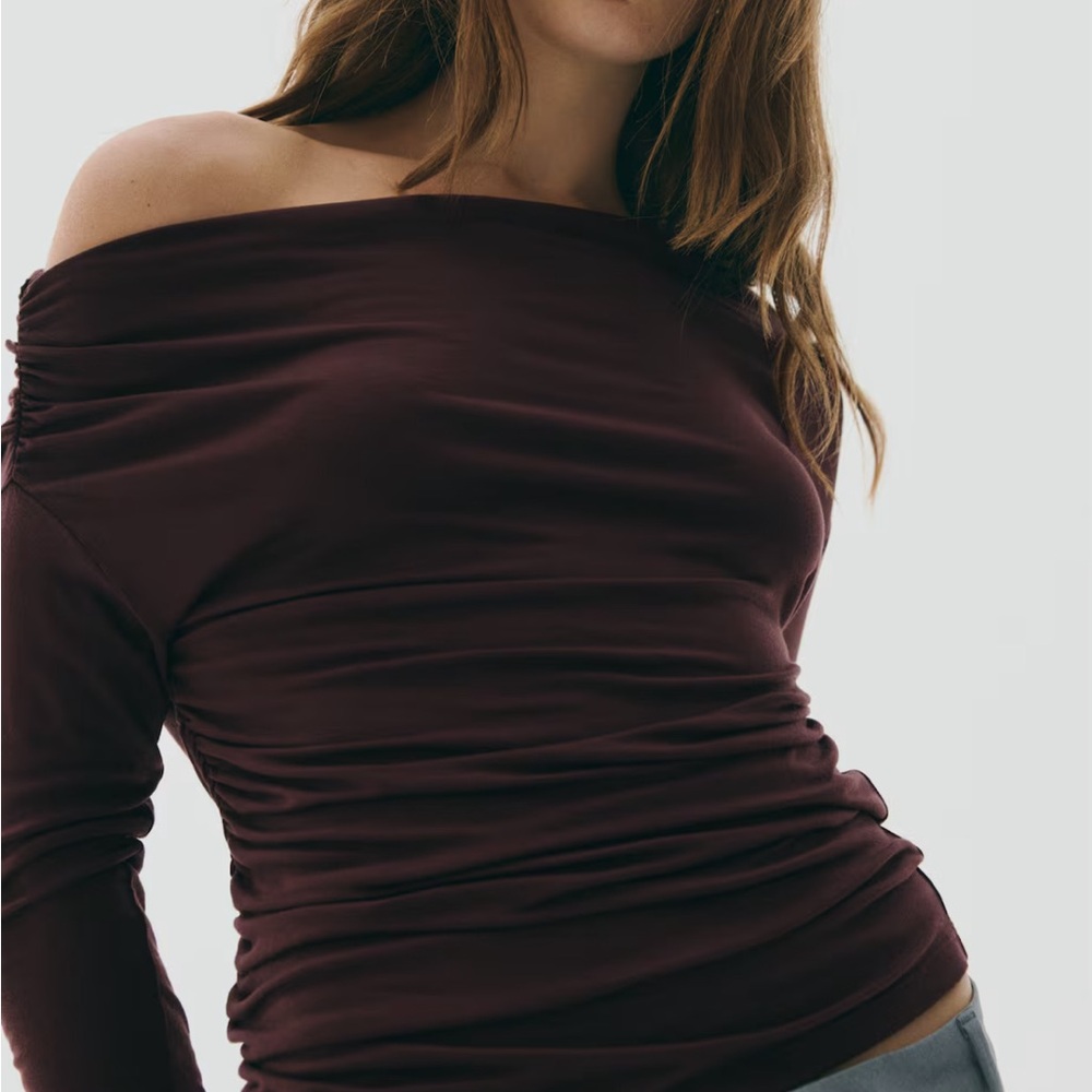 H&M Burgundy Off-Shoulder Ruched Long Sleeve Top